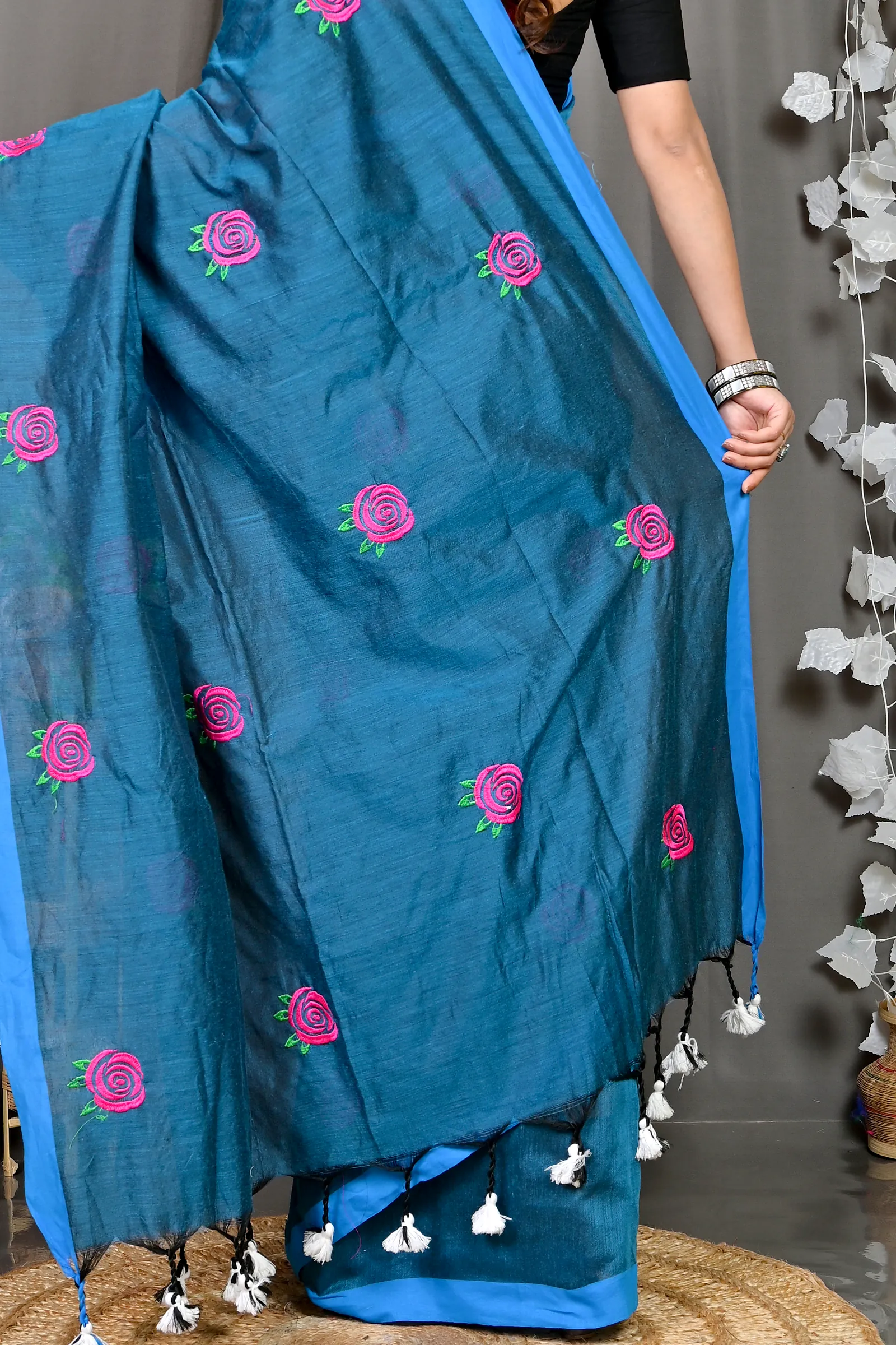 Cobalt Blue Pure Cotton Parag Embroidery Handloom saree (213)